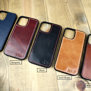Handmade leather iPhone case with personalization. iPhone cases include: 12, 13, 14, and 15. Phone case for men or women.