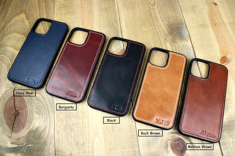 Handmade leather iPhone case with personalization. iPhone cases include: 12, 13, 14, and 15. Phone case for men or women.
