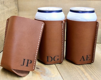 Personalized Leather Can Cooler: Groomsmen Gift, Company Logo