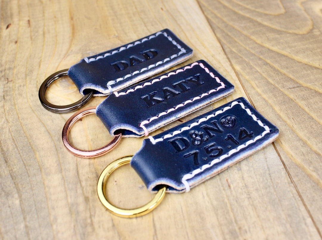 Navy Blue Leather Keychain Free Personalization Keychain Etsy