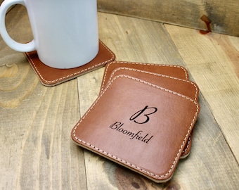 Personalized Leather Coaster Set, Custom Engraved Logo, Handmade in USA