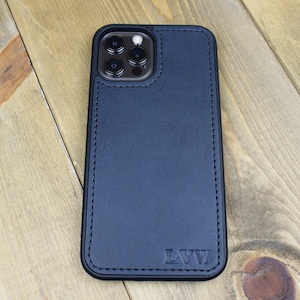 Handmade Navy Blue leather iPhone case with personalization. iPhone cases include: 12, 13, 14, and 15. Phone case for men or women.