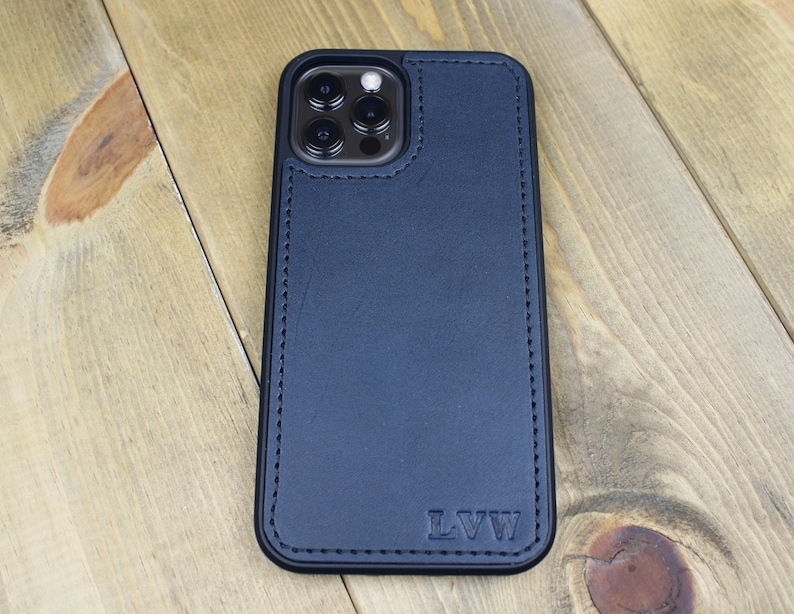 Handmade Navy Blue leather iPhone case with personalization. iPhone cases include: 12, 13, 14, and 15. Phone case for men or women.