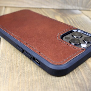 Handmade medium brown leather iPhone case with personalization. iPhone cases include: 12, 13, 14, and 15. Phone case for men or women.