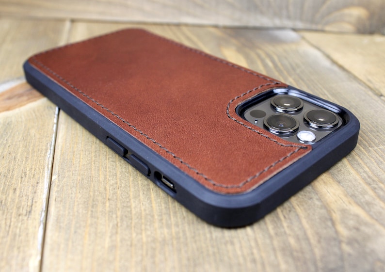 Handmade medium brown leather iPhone case with personalization. iPhone cases include: 12, 13, 14, and 15. Phone case for men or women.