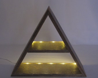 Lighted Triangle Pyramid Shelf - 2 shelf - 20 LED Lights - Gray / Blue Reclaimed Barn Wood