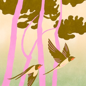 Swallows Flight (Pine Trees), Illustration, Signed Art Print A3