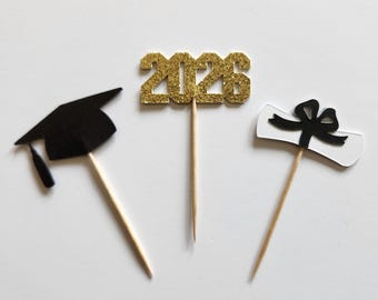 Graduation Cupcake Toppers*Cap, 2026 and Diploma Cupcake Toppers*Graduation Food Picks-12 CT