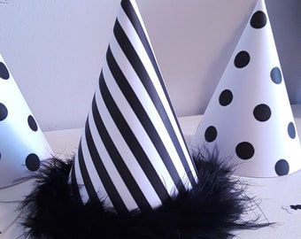 Black and White Striped and Polka Dots Party Hats-8 CT