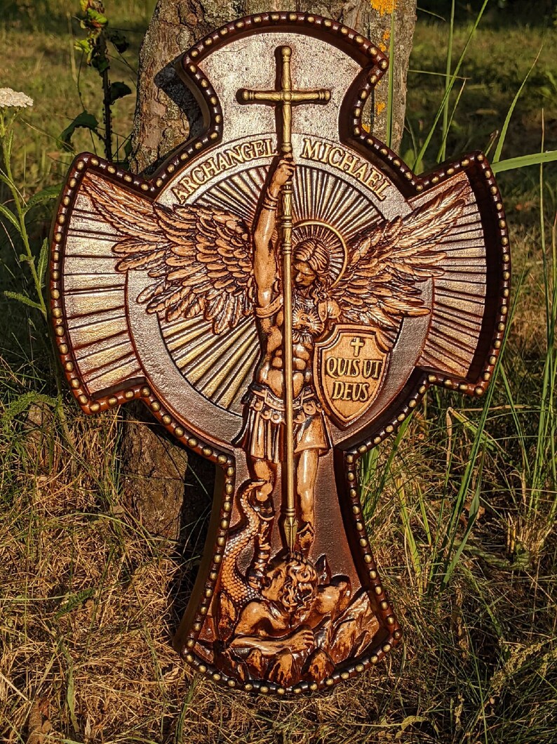 St Michael icon Natural wood Carved Saint Michael statue Etsy