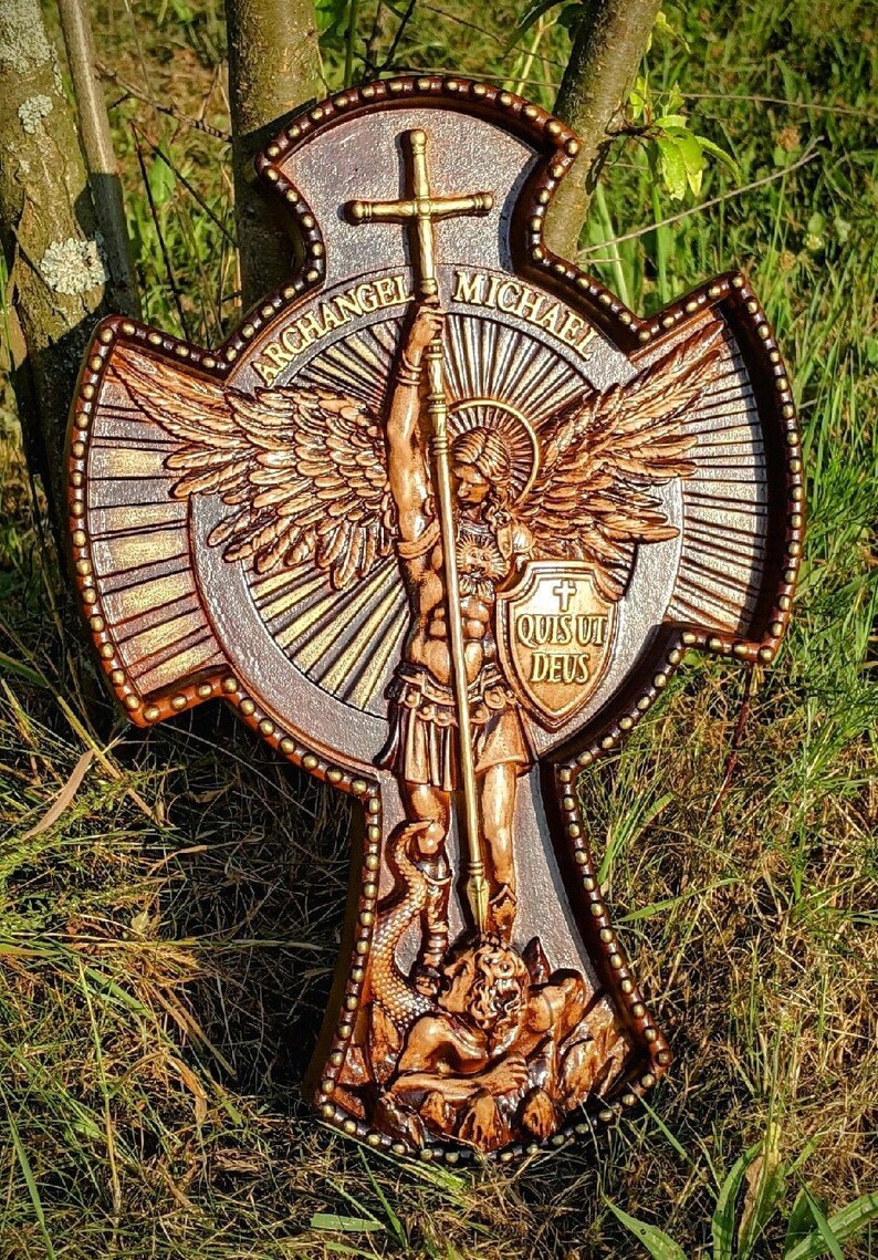 St Michael icon Natural wood Carved Saint Michael statue Etsy