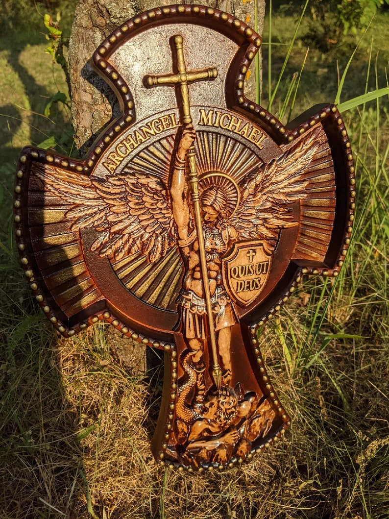 St Michael icon Natural wood Carved Saint Michael statue Etsy