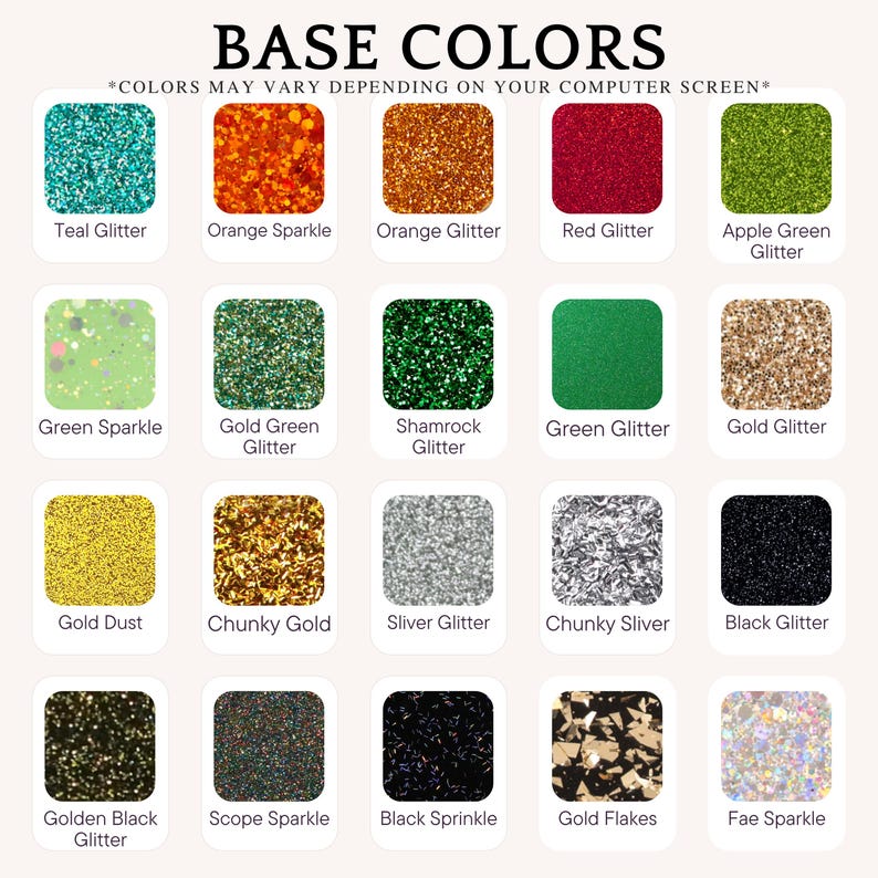 Puede incluir: Una carta de colores titulada BASE COLORS que presenta veinte muestras cuadradas de diversas texturas y acabados, incluyendo purpurina, destellos, polvo, escamas y virutas en colores verde azulado, naranja, rojo, verde manzana, oro, plata y negro.
