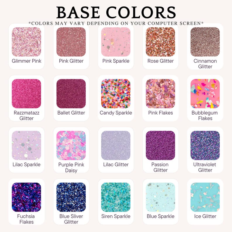 Puede incluir: Una carta de colores titulada BASE COLORS que muestra veinte muestras cuadradas de varios acabados con purpurina y destellos en tonos rosa, morado y azul. Cada muestra est&aacute; etiquetada con nombres como Glimmer Pink, Rose Glitter, Candy Sparkle e Ice Glitter.