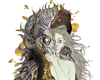 Eel Witch Mermaid, Original Character Gold Plated Print