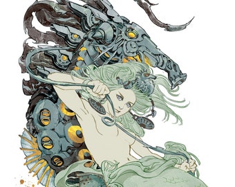 Sea Horse Trainer Mermaid, Original Character Gold Plated Print
