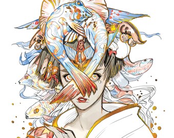 Mermaid Princess, Original Character Gold Plated Print