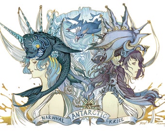 Antarctic Mermaid: Narwhal & Krill, Original Character Foil Print, Playmat