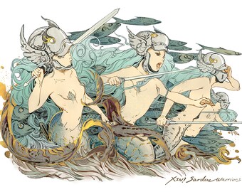 Sardine Mermaid Warrior, Original Character Gold Plated Print, Playmat