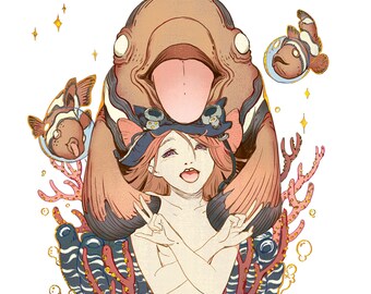 Clown Fish Mermaid, Original Character Gold Plated Print