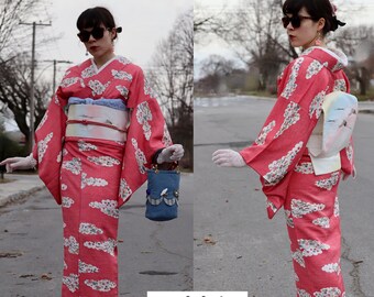 Vintage Japanese Kimono silk komon clouds maple pine pink salmon Traditional Authentic Japan
