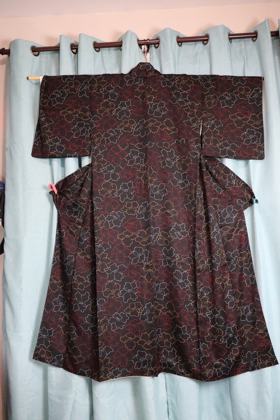 Vintage Japanese Kimono silk black awase peony fl… - image 4