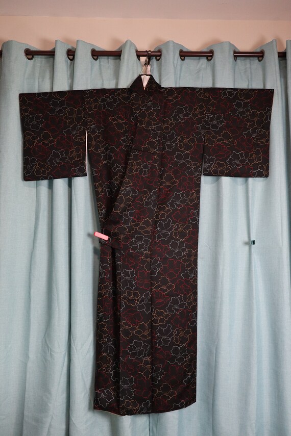 Vintage Japanese Kimono silk black awase peony fl… - image 1