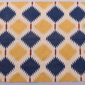 Yellow and Blue Cotton Handmade Modern Pattern Rug- Flat weave and Hand woven Kilim Rug