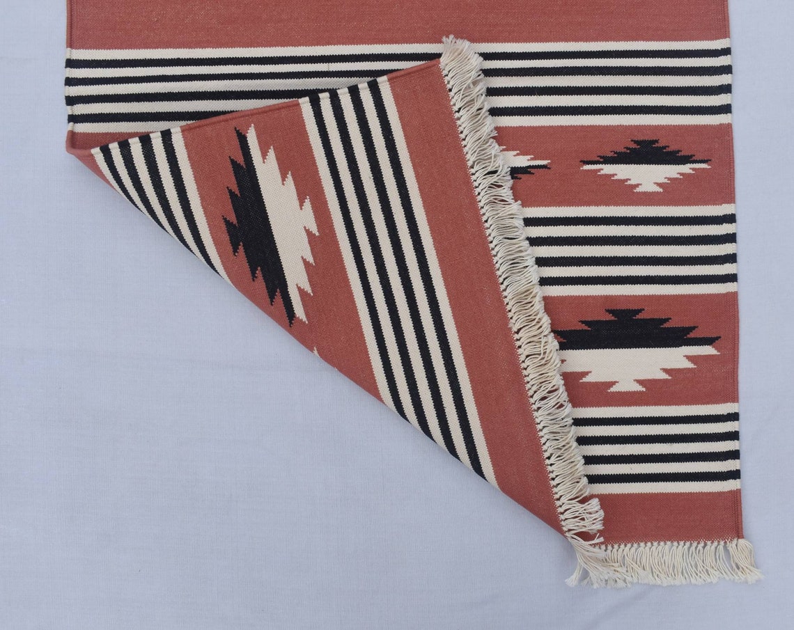 Indian Red and Black Modern Cotton Runner Rug Hand Woven Etsy