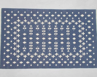 Multiple Sizes Cotton Blue And White Handmade Cotton Rug Dhurrie- Hand Woven Rug