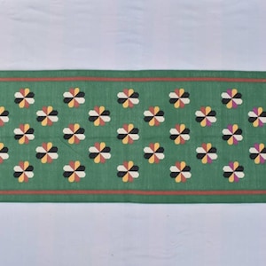 Multiple Sizes Cotton Green Modern Flowers Design Hand woven Runner Rug- Reversible Runner Kilim