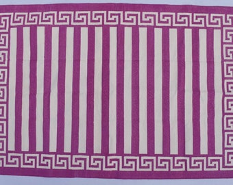 Alfombra de algodón tejida a mano – Rayas rosa oscuro y blancas, Kilim de tejido plano