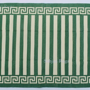 Green And white Cotton Handmade Modern Stripes Rug- Flat weave and Hand woven Kilim Rug