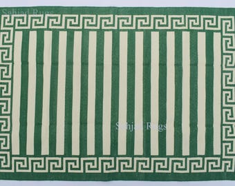Handmade Green and White Striped Cotton Rug – Flat Weave Kilim, Handwoven indian Dhurrie