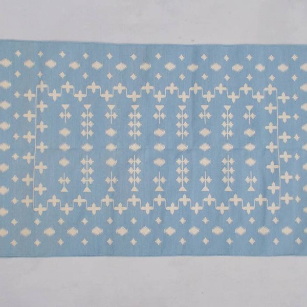 Multiple Sizes Cotton Light Blue And White Handmade Cotton Rug Dhurrie- Hand Woven Rug