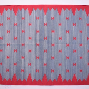 Multi Sizes Cotton Blue and Red Handmade Modern Design Rug.- Hand Woven Rustic blue Kilim