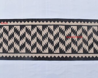 Multiple Sizes Cotton Black and Beige Modern Hand woven Runner Rug- Reversible Runner Kilim