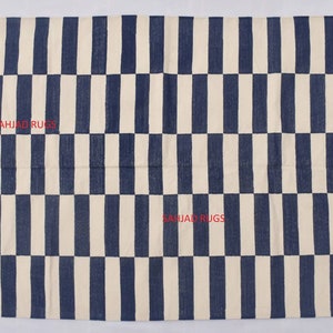 Multiple Sizes Navy Blue and White Stripes Handmade Modern Design Kilim Rug - Reversible Kilim