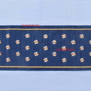 Multiple Sizes Cotton Navy Blue Modern Flowers Design Hand woven Runner Rug- Reversible Runner Kilim