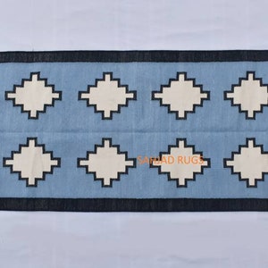 Multiple Sizes Cotton Black,Blue white Modern Design Hand woven Runner Rug- Reversible Runner Kilim