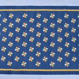 Multiple Sizes Indigo Blue Cotton Handmade Flower Design Rug- Flat weave and Hand woven Kilim Rug