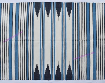 Multiple Sizes Blue, Black and white Cotton Handmade Modern Simple Stripes Rug- Flat weave and Hand woven Kilim Rug