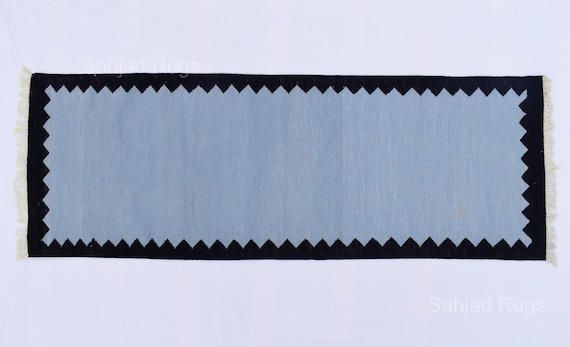 Cotton Light Blue And black Modern Border  Hand woven Runner Rug- Reversible Runner Kilim