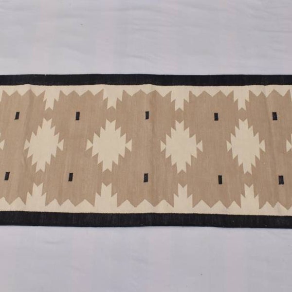 Handwoven Cotton Runner Rug - Beige, Black & White Kilim
