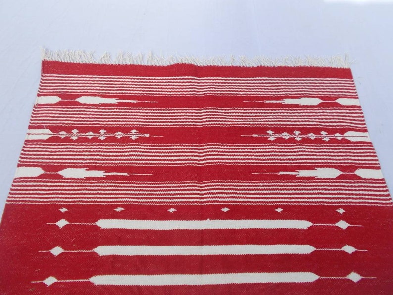 Red Rug White Line Work Multiple Sizes Red and White Stripes Handmade Cotton Rug Dhurrie ...