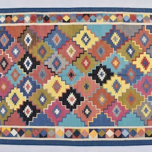 4x6 Cotton Beautiful Hand woven Rug Dhurrie-120 CM x 180 CM Red Border, Colourful Handmade Indian Rug