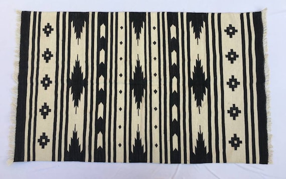 3x5 Cotton Black and White Rug - Stripes With Design- hand woven rug