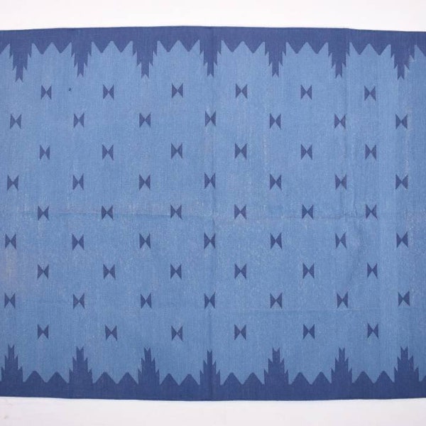 Multi Sizes Cotton Indigo Blue  Handmade Modern Design Rug.- Hand Woven Navy Blue Border Kilim Rug