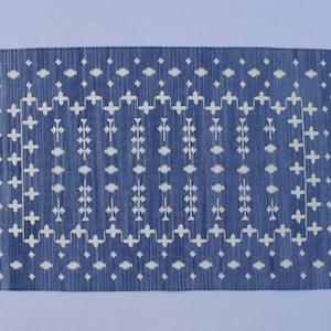 Multiple Sizes Cotton Vintage Blue And White Handmade Cotton Rug Dhurrie- Hand Woven Rug