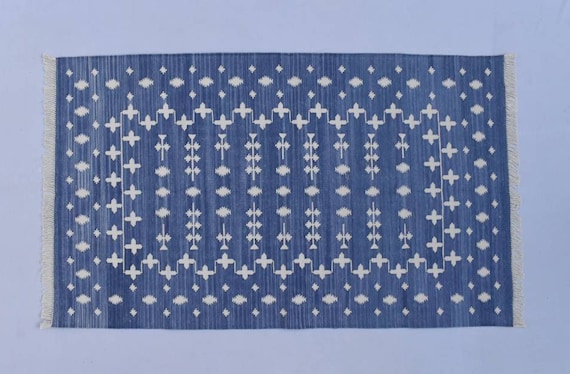 Handmade Blue and White Cotton Dhurrie Rug – Vintage Woven Rug